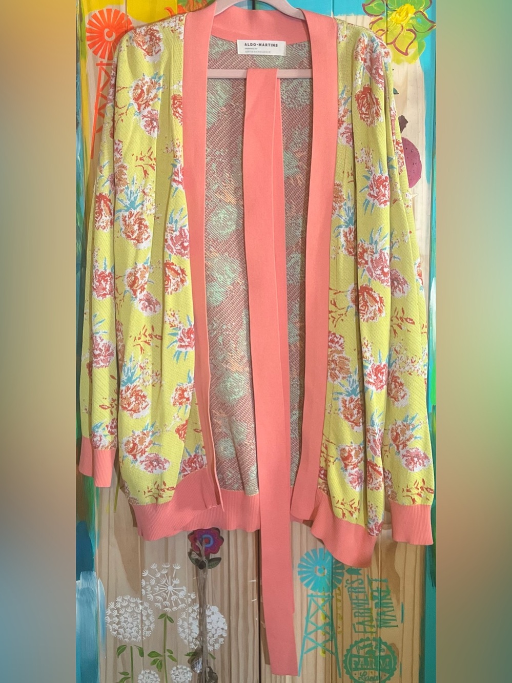 Aldo Martins x Anthropologie Floral Open Tie Waist Cardigan XL with Coral Trim